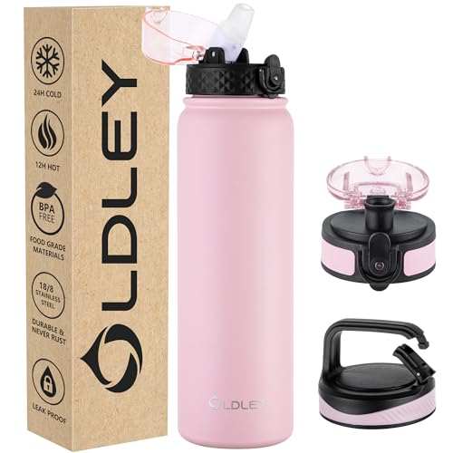 OLDLEY 1L Botella Agua Acero Inoxidable con Pajita, Aislada al Vacío Botellas Agua Metal, Prueba de Fugas, Mantiene las Bebidas Calientes y Frías para Bicicleta, Camping, Gimnasio con 3 Tapas