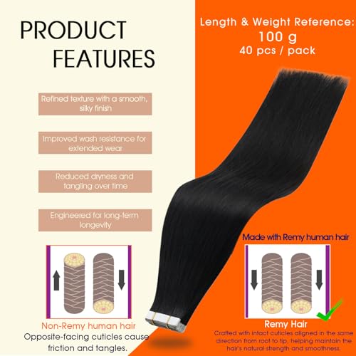 Image of Full Shine Straight Tape in Hair Extensions Human Hair Color 1B Off Black Tape in Extensions 24Inch Brazilian Remy Skin Weft Seamless Invisible Extension for Daily Office Look 100G 40Pcs
