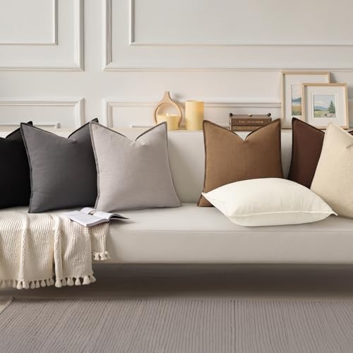 Image of decorUhome Fall Decorative Linen Throw Pillow Covers 16x16 Inch Set of 2 Chocolate Pillow Covers with Flange Edges Soft Farmhouse Boho Accent Pillow Cases for Couch Bed Living Room