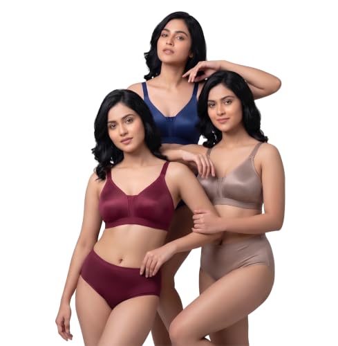 Image of Women's Pure Cotton Blend Lightly Padded Bra (Pack of 3) | Full Coverage Wirefree T-Shirt Bra | Soft Breathable Everyday Bra | Adjustable Straps | Comfortable Multicolor Bra