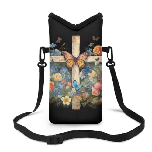Image of Waterproof Phone Pouch Case Crossbody Cellphone Bag with Shoulder Strap Small Satchel Pouch Mini Travel Bag for Phone Key Power Bank Cash 8 x 4 inch, Butterfly Flower Cross Print Black