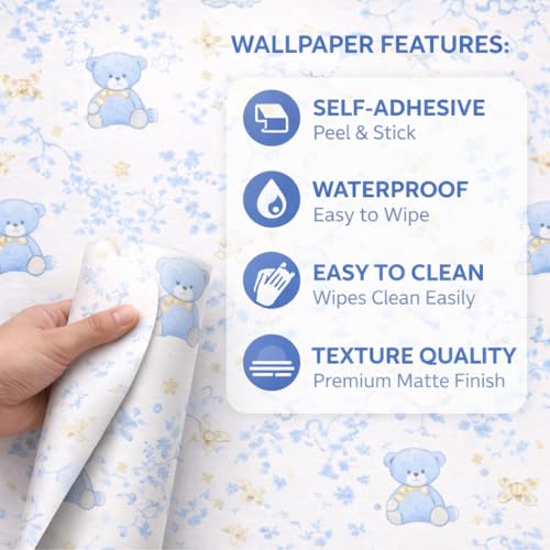 Image of Blue Teddy Bear Cartoon Wallpaper for Kids Room | Cute Nursery Wall Decor for Baby Room | Self Adhesive Peel & Stick Wallpaper | Removable, Washable Wall Covering 16 x 144 Inch