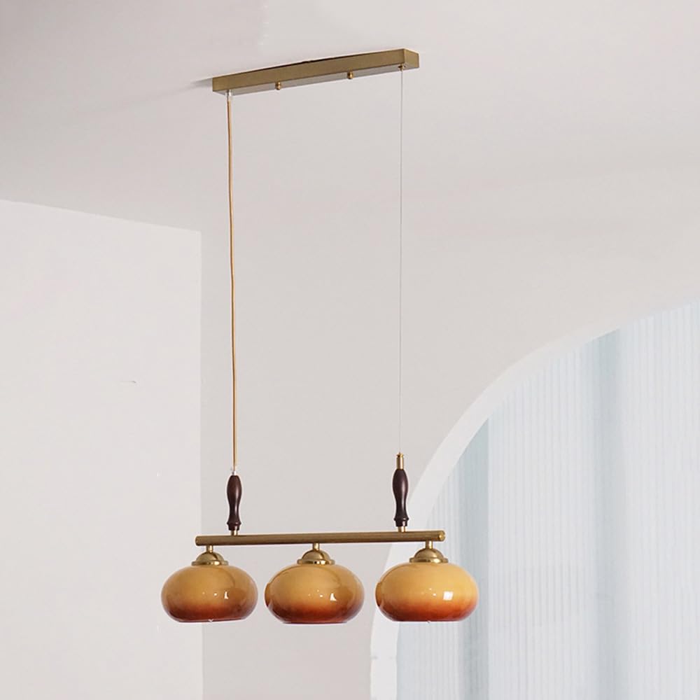 Lampe suspendue linéaire dorée 3 lumières verre laiteux givré et bois