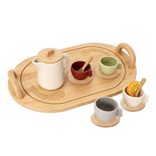 Service à thé enfant en silicone alimentaire et bois pour dînette Montessori