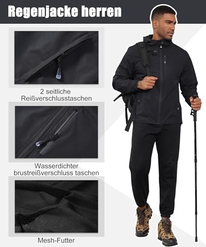 Huayuzh Regenjacke Herren Wasserdicht Leichte Regenmantel Camping Wandern Atmungsaktiv Packbare Softshelljacke mit Kapuze Schwarz M