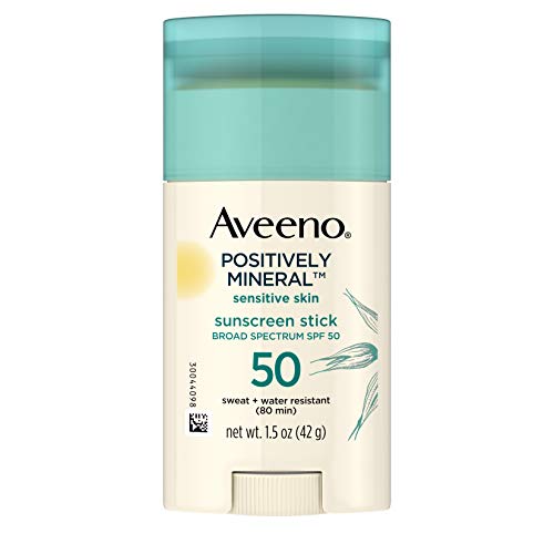 Aveeno Positively Mineral SPF 50 Sunscreen Stick for Sensitive Skin, 100% Zinc Oxide, Sweat-& Water-Resistant Face and Body Sunscreen Stick, Fragrance-Free, Travel Size, 1.5 oz 1 ea (Pack of 3)