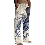 Men's Japanese Art Octopus Graphic Printed Pants, Men's Traditional Sashiko Art Linen Blend Casual Octopus Pants (B, M)