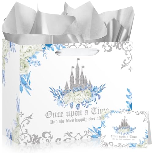 Bridal Shower Gift Bag Princess Bride Gifts Bag with Card and Tissue Paper Blue Floral Bridal Shower Gift Wrapping Paper Bag for Engagement Bride to Be Wedding Party, Bachelorette Party Supplies