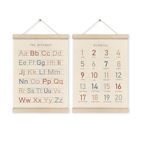 AIMALL 2 Pieces Solid Wood Scroll Canvas Banner, Vertical 15.7 x 23.6 Inch ABC Alphabet Poster for Preschool Education, Children's Bedroom Decorative Wall Art with Natural Pine Wood Hanging Scroll