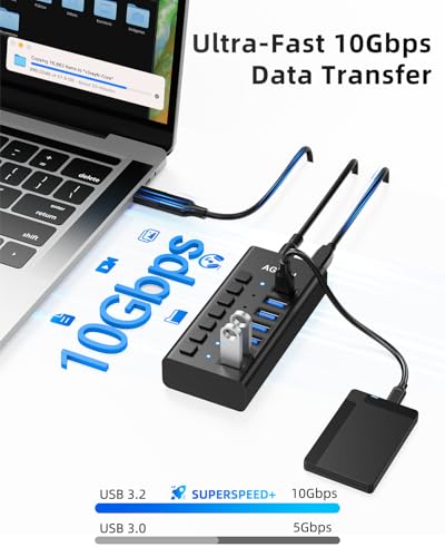 Image of AGEEN 7-Port USB 3.2 Gen 2 Hub, 10Gbps High-Speed Aluminum Powered Hub with 24W Adapter, Individual Switches & Surge Protection for PC /Laptop, Flash Drive, Printer, Camera