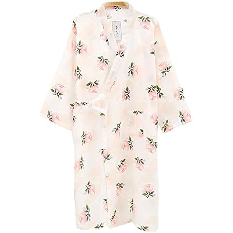 ECHERY Womens Robe Sleepwear Kimono Dressing Gown Printed Pattern Satin Summer Nightdress Cotton Silk Bathrobe Floral Pajamas Steamed Nightwear(White Rose) Cover