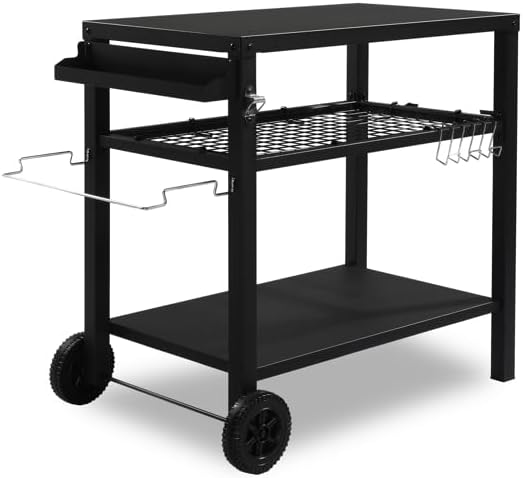 OMAZOOM Stainless Steel Flattop Grill Cart, Movable BBQ Trolley Food Prep Cart, Multifunctional Worktable Island with Two Wheels, Hooks (No net Basket)