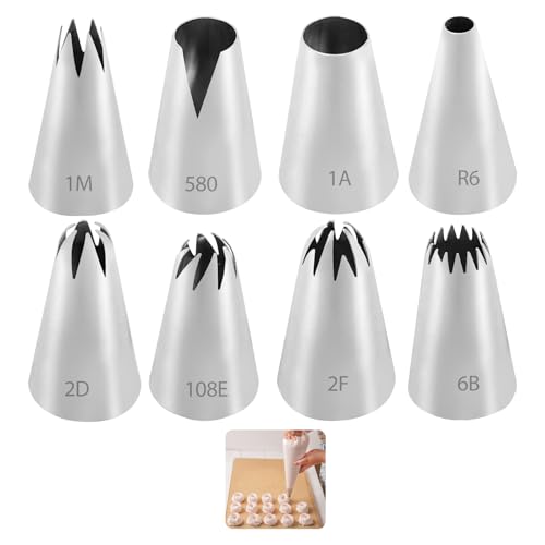 Spritztüllen, 8 Stück, 25 mm, Spritztüllen, wiederverwendbar, Tüllen aus Edelstahl, für die Dekoration von Gebäck, Cupcakes, Muffins, Torte, Kekse (1 m, 2D, 1 A, 6B, 580, 108E, 2F, R6)
