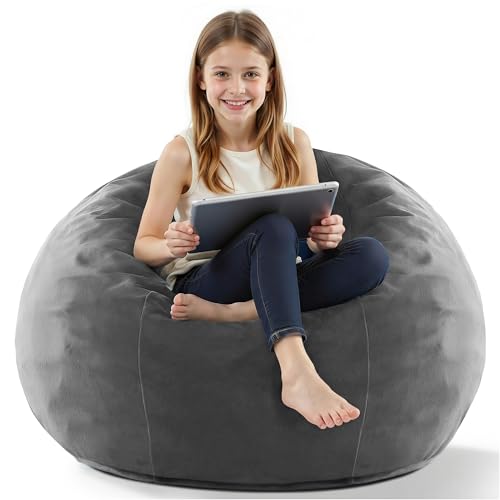 Image of HABUTWAY 2FT Bean Bag Chair, 2' Beanbags Small Bean Bag Chairs with Filling, Teardrop Bean Bag Chair Luxurious Velvet Ultra Soft Fur with Removable Cover (Grey)