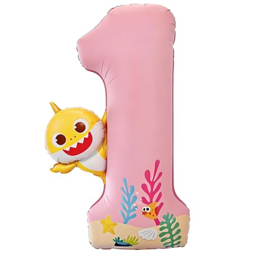 Image of PartyWoo Baby Shark Pink Foil Number 1 Balloon 40 Inch Pink Mylar Helium Birthday Number Balloons for Girls and Boys Baby Shark Under the Sea Ocean Theme Kids First Birthday Party Decorations