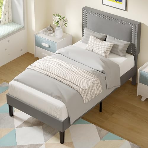 Image of VECELO Twin Size Platform Bed Frame with Height Adjustable Upholstered Headboard, Modern Mattress Foundation,Strong Wood Slat Support, No Box Spring Needed, Easy Assembly, Dark Grey