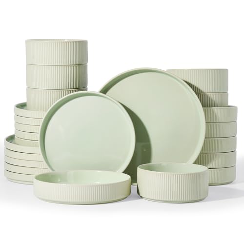 Image of Famiware Stoneware Dinnerware Set with Pasta Bowls, 24pc Green Dishes for 6 | Ceramic Double Bowls & Flat Plates, Chip & Scratch Resistant, Microwave & Dishwasher Safe, Everyday Dining, Rustic Modern