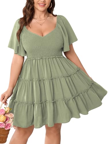Image of SHESTARR Womens Plus Size Casual Mini Dress Sweetheart Neckline Short Flutter Sleeve Smocked A Line Tiered Ruffle Dresses