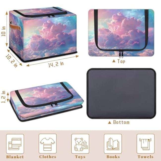 Storage Bins with Zippered Lids - Rainbow Cloud Foldable Organizer Basket with Sturdy Frame and Handles for Bedroom Laundry Organization Closet Shelf Nursery Toy Storage 1-Pack