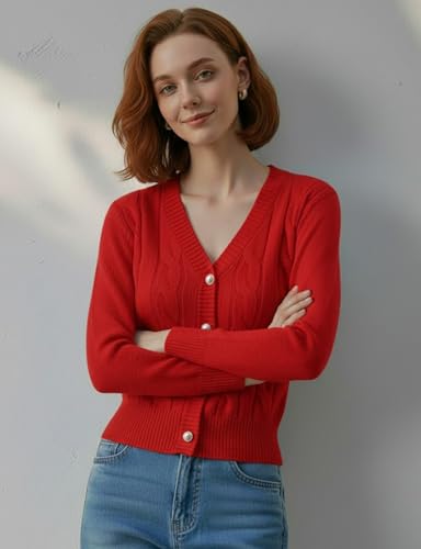 Image of Women's Casual Slim Fit Cardigan Sweaters Long Sleeve Button Down Lightweight Waist Length