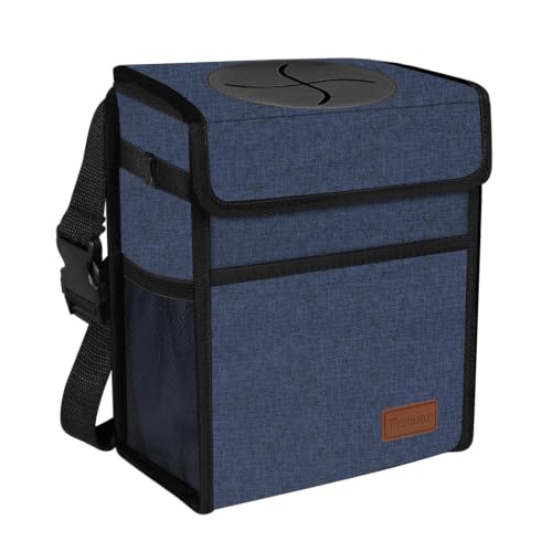 Image of Femuar Leak Proof Car Trash Can with Lid, Collapsible Hanging Waterproof Car Trash Bag with Mesh Pocket for SUV Front Seat Headrest, Dark Blue