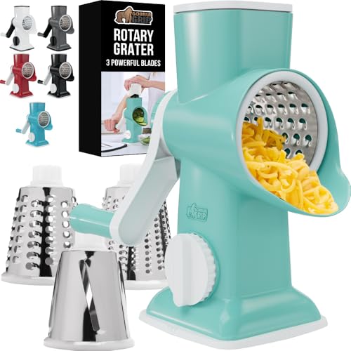 Comparison: Best Hand Crank Cheese Grater 3 GORILLA GRIP BPA-Free Rotary Cheese Grater Hand Crank, Easy to Set Up, Strong Suction Base for Kitchen Countertop, Shred Potato, Vegetable, Nuts in Seconds, Round Mandoline Slicer, 3 Blades, Mint