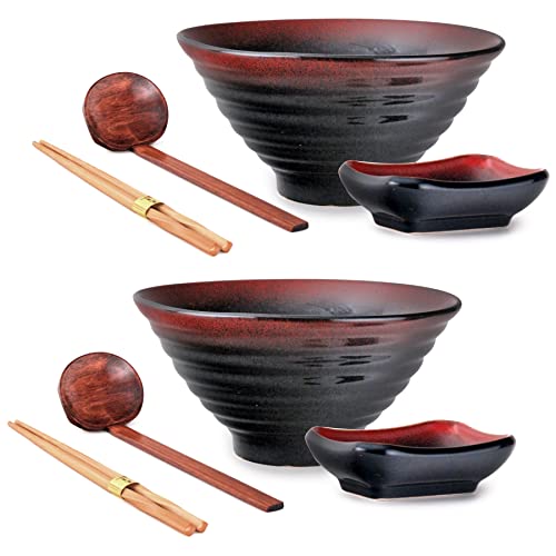 Hinomaru Collection Juego de 8 piezas de ramen de porcelana de 40 onzas líquidas con cuchara de bambú, palillos de bambú y plato de salsa (negro rojo) Cover
