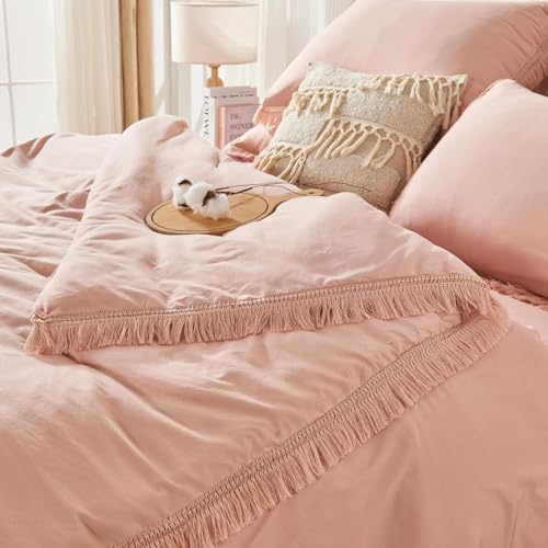 Image of Andency Oversized King Comforter Set with Sheets 120x120 Pink - 7 Pieces Boho Tassel Bed in a Bag Soft Lightweight Bedding Sets, Fringe Bed Set with Comforter, Sheets, Pillowcases & Shams