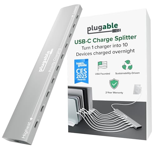 Plugable 10 Port USB C Charging Station, Up to 100W Charger for Multiple Devices with Priority Charging, Desktop Power Hub for USBC Devices Including Laptops Phones Tablets Earbuds and More (PS-10CC)