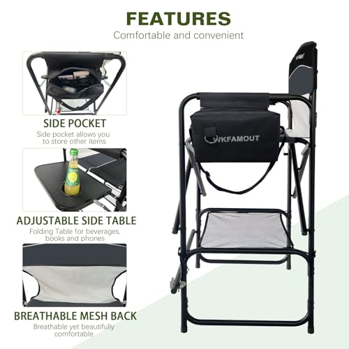 WKFAMOUT Tall Folding Director Chair 30.7\" Seat Height Foldable Bar Stool for Makeup Artist Face Painting with Side Table Carry Bag and Cosmetic Bag Supports 350LBS