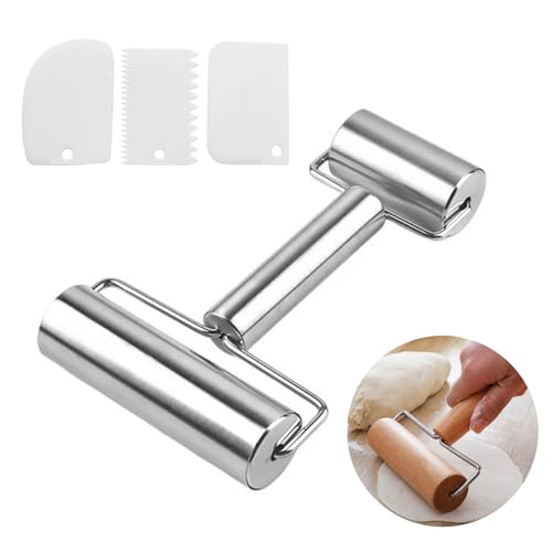 Teigroller Edelstahl Kleine und Mittlere Teigrolle mit 2 Walzen und 3 Teigschaber Backzubehör Nudelholz Antihaft Teigausroller für Ausrollen von Teigen Pizza, Desserts und Knödelhäuten