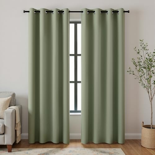 Image of KOUFALL 52x84 Inch Length Dark Sage Blackout Room Darkening Curtains for Bedroom