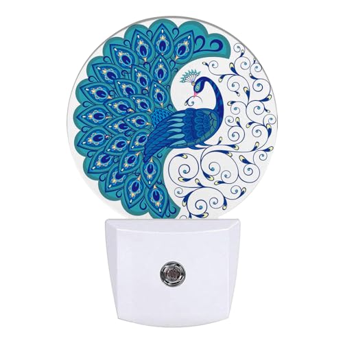 Image of Blue Peacock Night Light Vintage Feathers Night Lights LED Lamp Round Plug into Wall Nightlight with Dusk to Dawn Sensor Home Hallway Stairway Kitchen Decor
