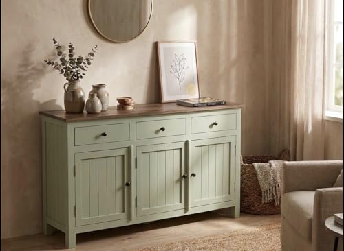 Image of Solid Wood Madrid 3 Drawer Sideboard | Sideboard Cabinet for Living Room | Finish- Premium Acrylic Sage Green and Tubaq