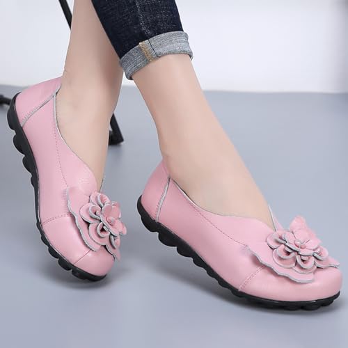 Image of Women's Leather Slip On Loafers,Vintage Handmade Cute Bow Flower Comfy Non-Slip Softsole Walking Casual Dress Pumps