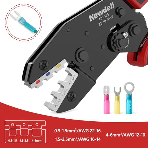 Image of Newdeli Wire Crimping Tool for Heat Shrink Wire Connectors - AWG 22-10 Ratchet Wire Crimper Tool for Electrical Insulated Nylon Wire Terminals Heatshrink Butt Connectors Ratcheting Crimping Plier