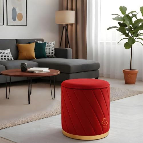 Image of Luxury Round Velvet Ottoman Stool with Gold Base - Modern Upholstered Footrest Pouffe, Tufted Vanity Seat, Living Room Bedroom Dressing Stool (Red)