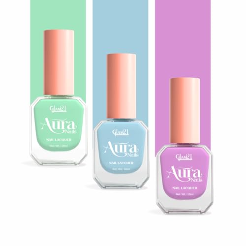 Image of Glam21 Aura Nails Nail Lacquer |Long-Lasting, Quick-Dry, High-Shine Nail Enamel|Chip-Free Formula|Smooth Application & Vibrant Finish| 10ml Pack Of 3 (Mint Blast, Baby Blue &Lavender Love)