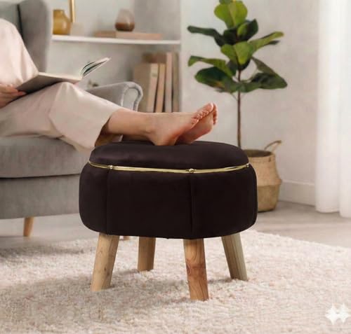 Image of Velvet Upholstered Round Ottoman Footstool | Anti-Slip Feet | Multipurpose Footrest, Step Stool & Vanity Seating & Decor | 40 x 30 cm (16 x 12 Inch) | Coffee