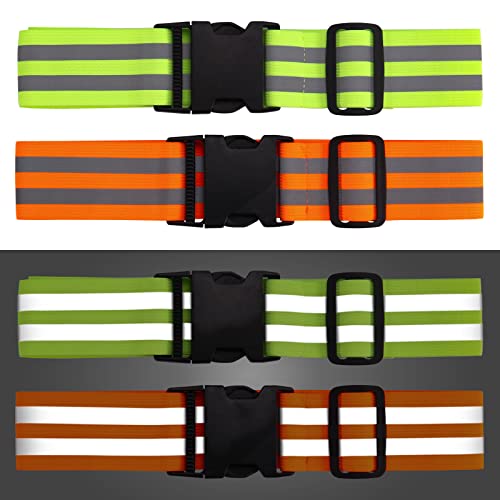 Little World Reflective Belt - 2 Pcs PT Belt - Reflective Running Gear for Men and Women - Elastic Reflective Sash Perfect for Running Cycling Walking Marathon Military (Green and Orange)