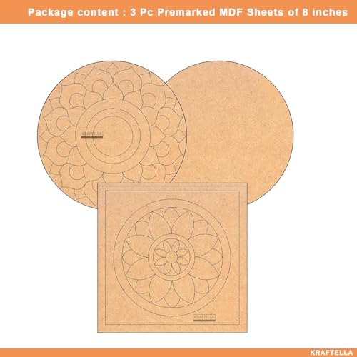 Image of KRAFTELLA Lippan Mandala Art Materials Diy Kit With Four Designs Mdf Board 3 Pcs Round & Square(2 Premarked 1 plain Board) Diwali Decoration For Home Decor Engraved Painting MDF Base 8inch Multicolor