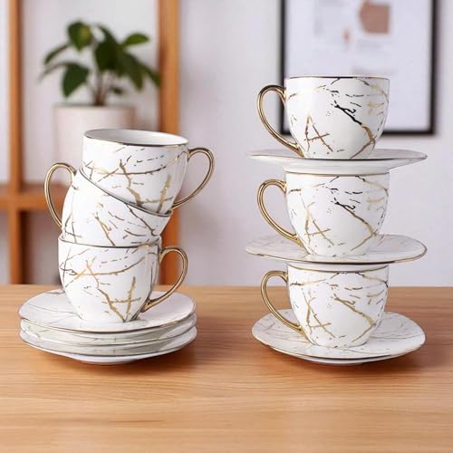Image of Bone China Gold Line Cup with Saucer Set of 12 Pcs | Tea /Coffee Cups 200 ml | Microwave & Dishwasher Safe | Bone-Ash Free | Crockery Set Ideal for Daily Use & Gifting (White)