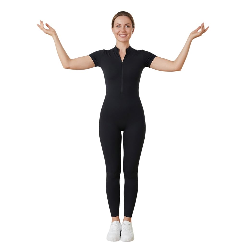 Tuta da Yoga da Donna a Maniche Corte, Tuta Intera per Fitness all'aperto, Abbigliamento Sportivo per Allenamento.-Nero-S