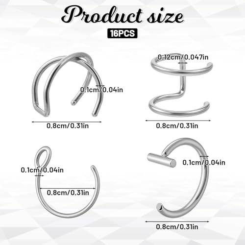 Fake Lip Piercing, 16 Pcs Stainless Steel Fake Lip Ring 8mm Faux Nose Ring Non Piercing Hoop Nose Rings for Women Men (Silver, Black)2