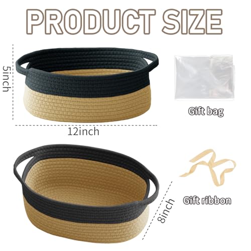 Image of JMvicyroam Small Woven Basket, Empty Gift Basket, Black&Jute /3 Pack | Small Gift Basket, Cotton Rope, 12 x 8 x 83 in, Handles, Includes Ribbon and Bag, Birthday Gift Basket