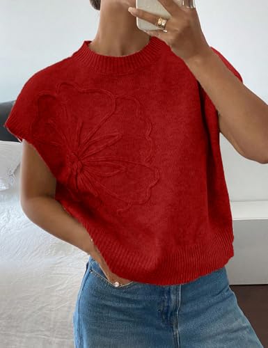 Image of 2026 Womens Floral Sweater Vest Cute Cap Sleeve Tops 3D Flower Decor Knit Tank Top Loose Spring Fall Summer Clothes