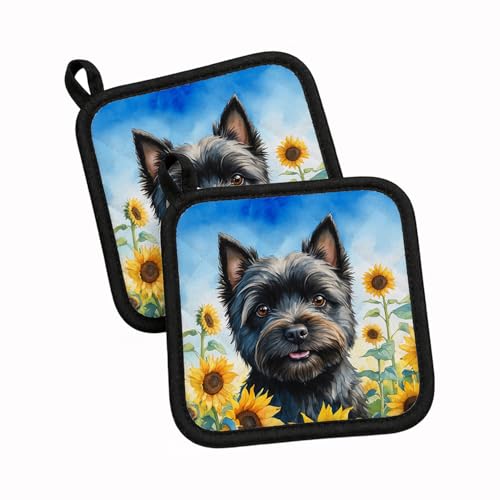 Caroline's Treasures Cairn Terrier in Sunflowers Pair of Pot Holders Kitchen Heat Resistant Pot Holders Sets Oven Hot Pads for Cooking Baking BBQ, 7 1/2 x 7 1/2