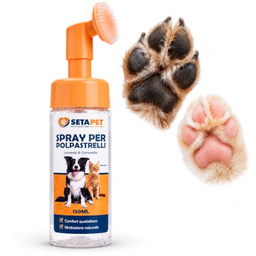 Seta Pet Spray Polpastrelli Cani e Gatti 150 ml con Spazzola in Silicone, Schiuma Detergente e Idratante Senza Risciacquo, Lavanda e Camomilla, Pulizia Zampe Dopo la Passeggiata