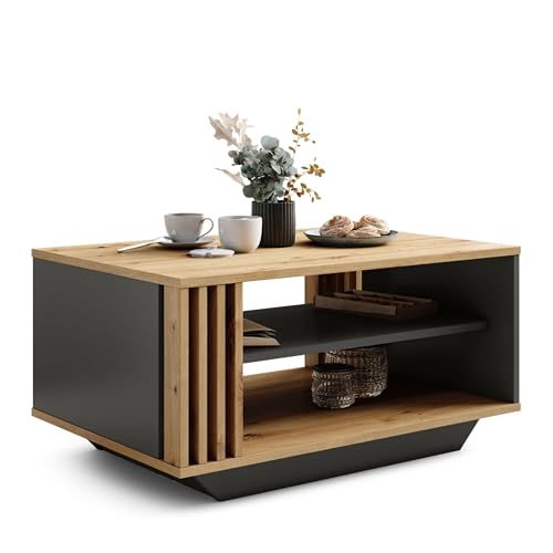 Table Basse Moderne avec Lattes en Bois et Étagère, Table Central...