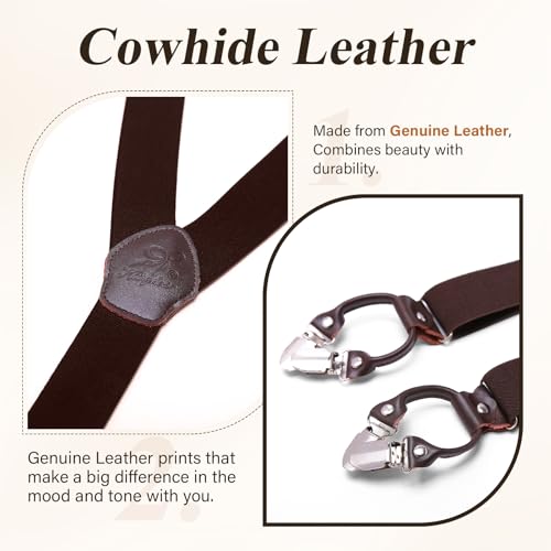 KANGDAI Cowhide Leather Mens Braces for Trousers with Strong Clips Y Style Gift Box Heavy Duty Braces 3.5cm Wide One Size Suspenders Adjustable for Men and Women